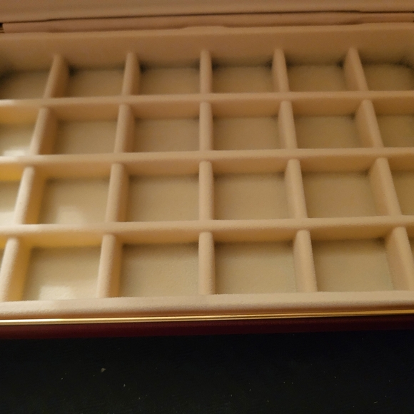 Red Velour Vintage Jewelry Storage Box w/ Gold Trim: Inner Mirror, 24 Compmts. - Picture 3 of 7